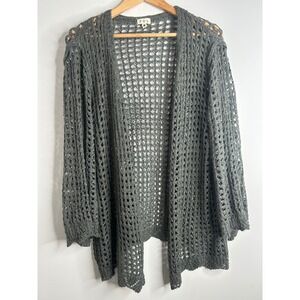 POL Womens Green Gray Crochet Knit Open Front Cardigan Sweater M Boho Lagenlook